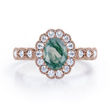 Vintage Floral Halo 0.7 carat Oval and Round Moss Green Agate and diamond Engagement Ring in Rose Gold