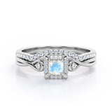 Cushion Halo Prong - 0.85 TCW Princess Cut Moonstone and Moissanite - Infinity Split Shank Wedding Ring Set -  White Gold