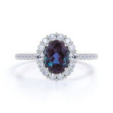 Snowflake Cluster 1.50 Carat Oval Cut Lab Created Alexandrite and Diamond Halo Engagement Ring