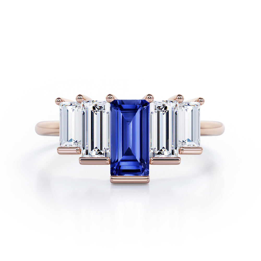 Graduated Baguette 1.5 carat Blue Sapphire and Cubic Zirconia Engagement Ring in White Gold