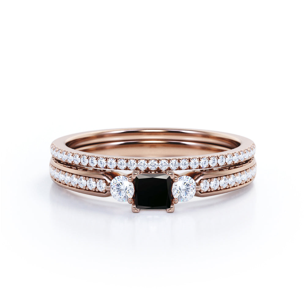 1.65 Carat Princess Cut Lab Grown Black Diamond Three Stone Vintage Wedding Ring In White Gold