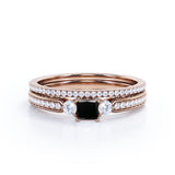 1.65 Carat Princess Cut Lab Grown Black Diamond Three Stone Vintage Wedding Ring In White Gold