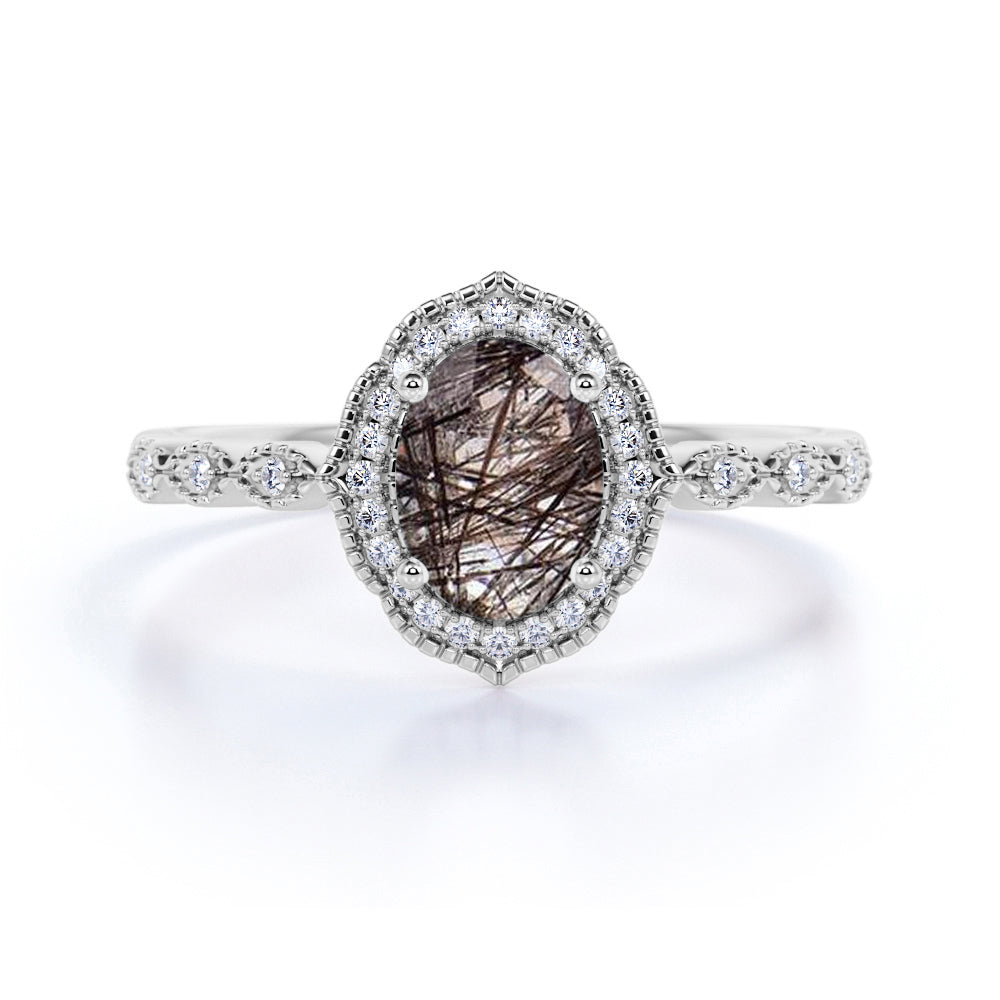 Halo 1.50 ct Oval Black Rutilated Quartz Art Deco Engagement Ring