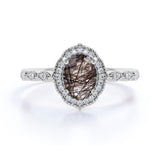 Halo 1.50 ct Oval Black Rutilated Quartz Art Deco Engagement Ring