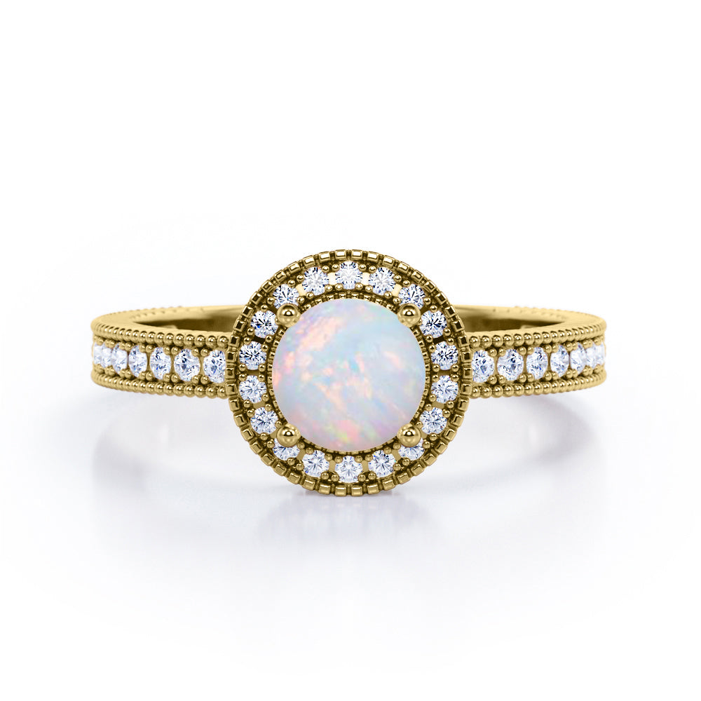 Decorative Halo 1 carat Round Opal and Diamond Milgrain Engagement Ring in White Gold