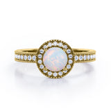 Decorative Halo 1 carat Round Opal and Diamond Milgrain Engagement Ring in White Gold