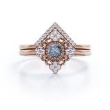 Antique Floral Bezel 1 Carat Round Cut Fancy Dark Grey Salt and Pepper Diamond and Contour Pave Band Bridal Set Rings