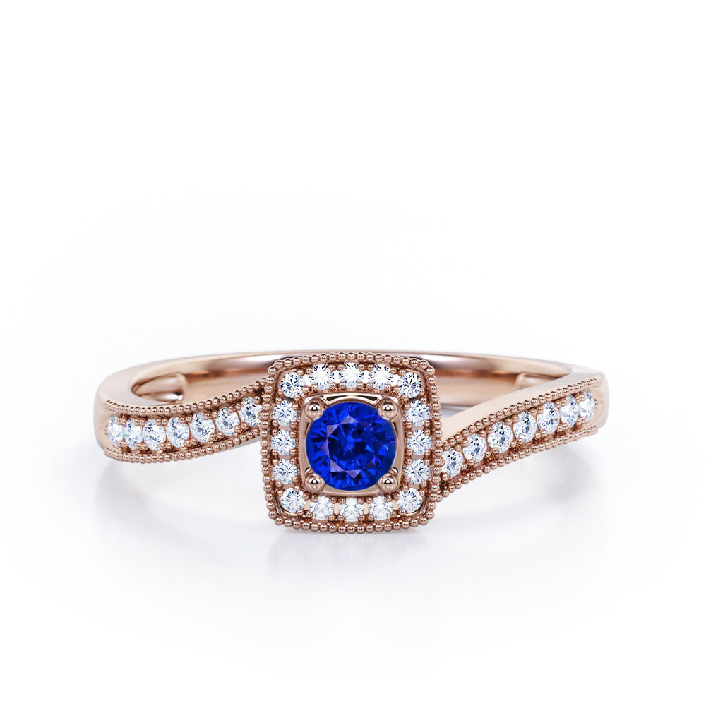 Flush-Prong Halo 1.25 Carat Round Cut Blue Lab-Created Sapphire and diamond Milgrain-Edged Pave Channel Engagement Ring in White Gold