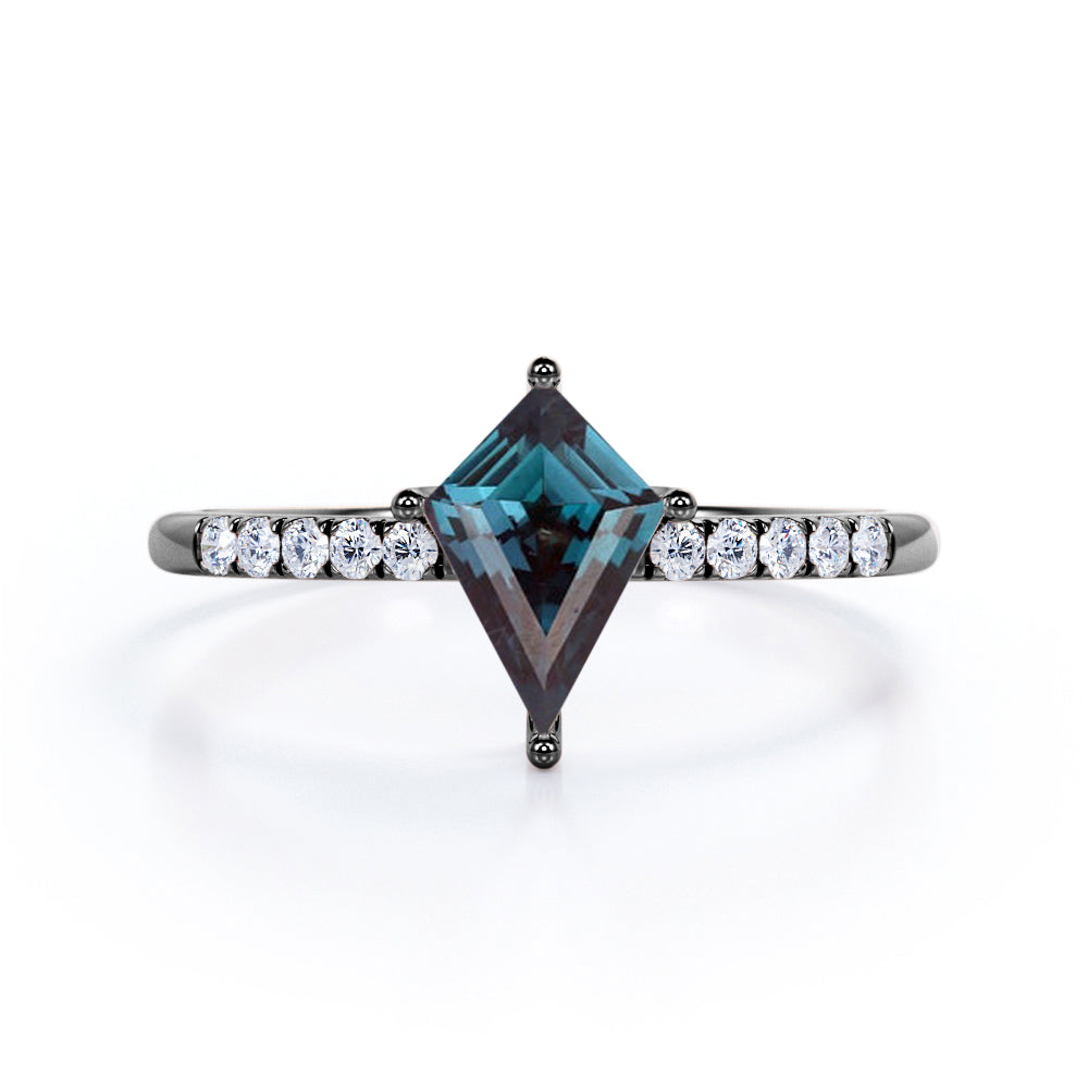 Geometric 1 Carat Kite Shaped Lab Created Alexandrite And Diamond Pave Half Eternity Engagement Ring In White Gold