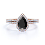 Antique Vintage 1.75 Carat Pear cut Lab Black Diamond Halo Wedding Ring Set for Women in White Gold