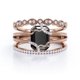 Affordable 1.50 Carat Emerald cut Lab Black Diamond Antique Wedding Trio Ring Set in Rose Gold