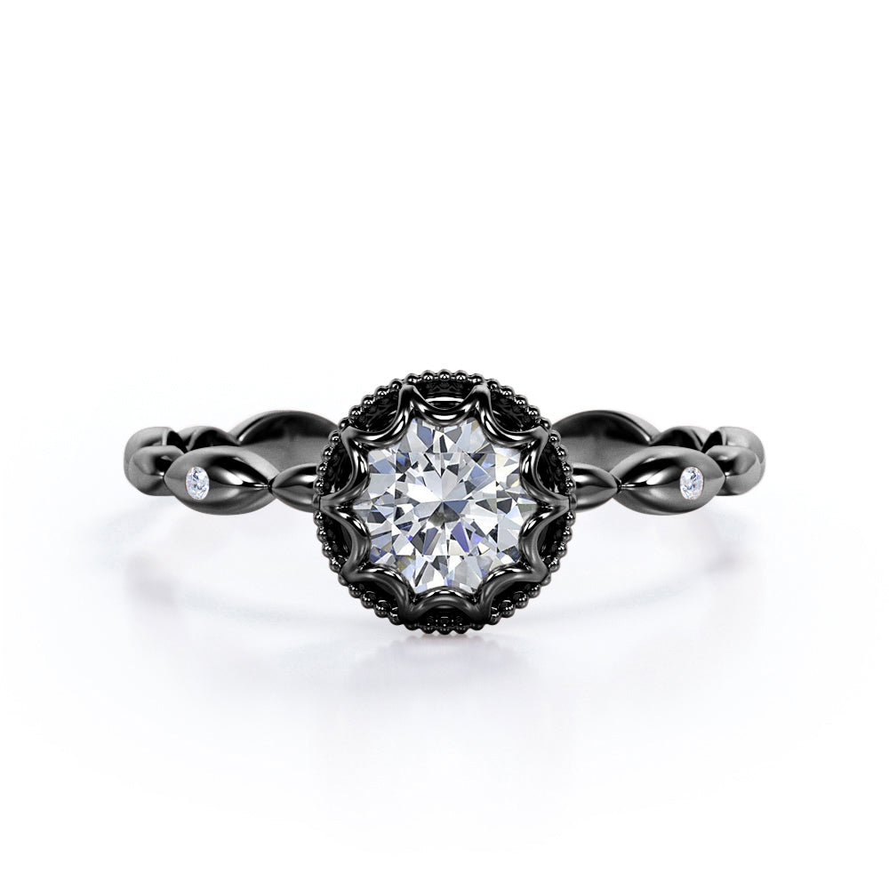 Unique Vintage  0.5 carat Round Moissanite and Diamond Vintage Royal Half Scalloped Ring in Rose Gold