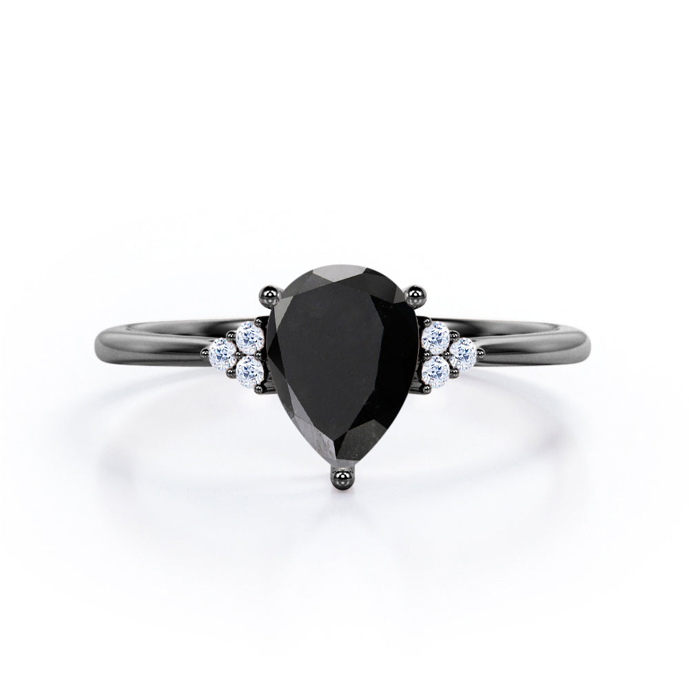 Seven Stone 0.5 carat Pear Black Diamond Dainty Band Engagement Ring in White Gold