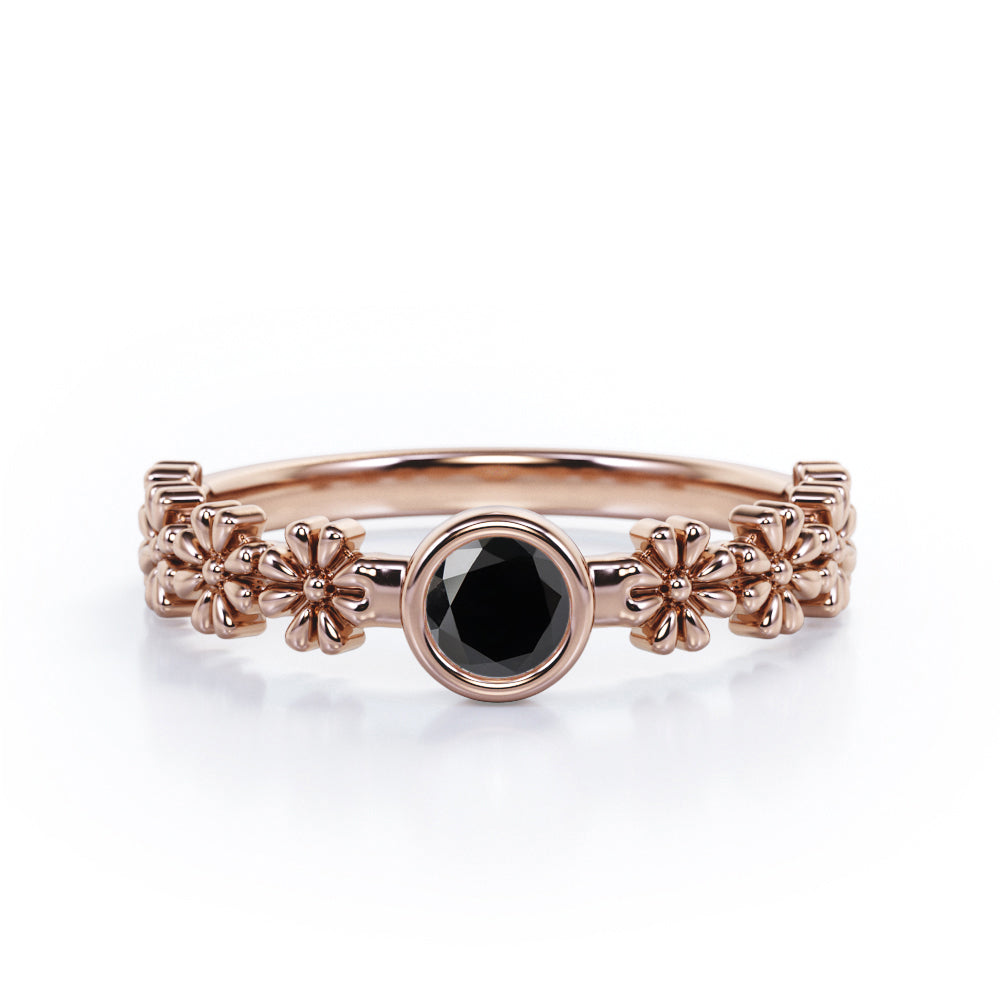 Flower Field 0.5 carat Round Black Diamond Solitaire Nature-Inspired ring in Black Gold