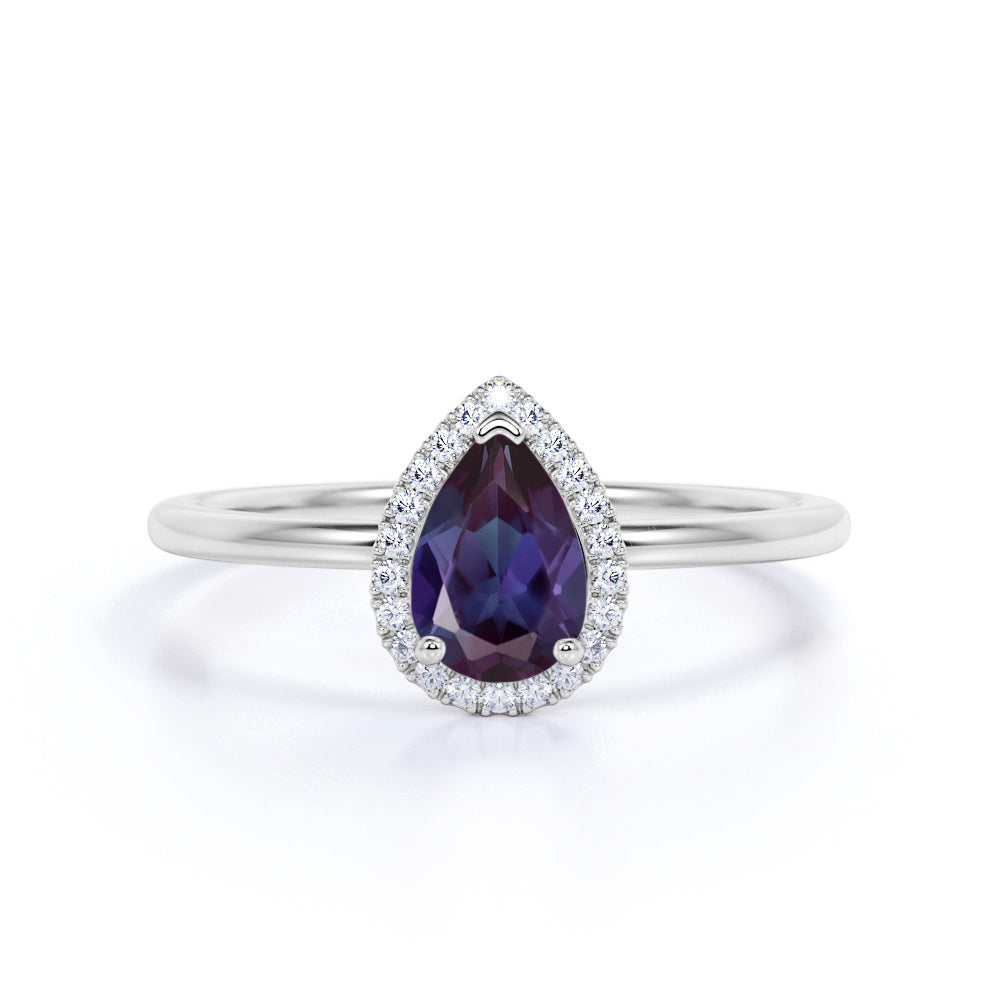 Simple Plain Shank 1.25 Carat Pear Shape Lab Alexandrite and Diamond Halo Engagement Ring for Her