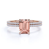 Sale: 1.50 Carat Peach Pink Morganite (emerald cut Morganite) and Diamond Engagement Ring Wedding Bridal Set