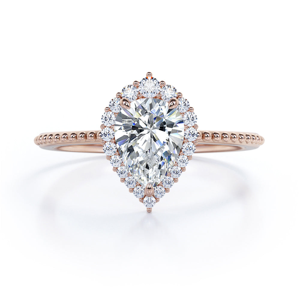 Vintage Halo 0.7 carat Pear Cut Moissanite and Diamond Engagement Ring in Rose Gold