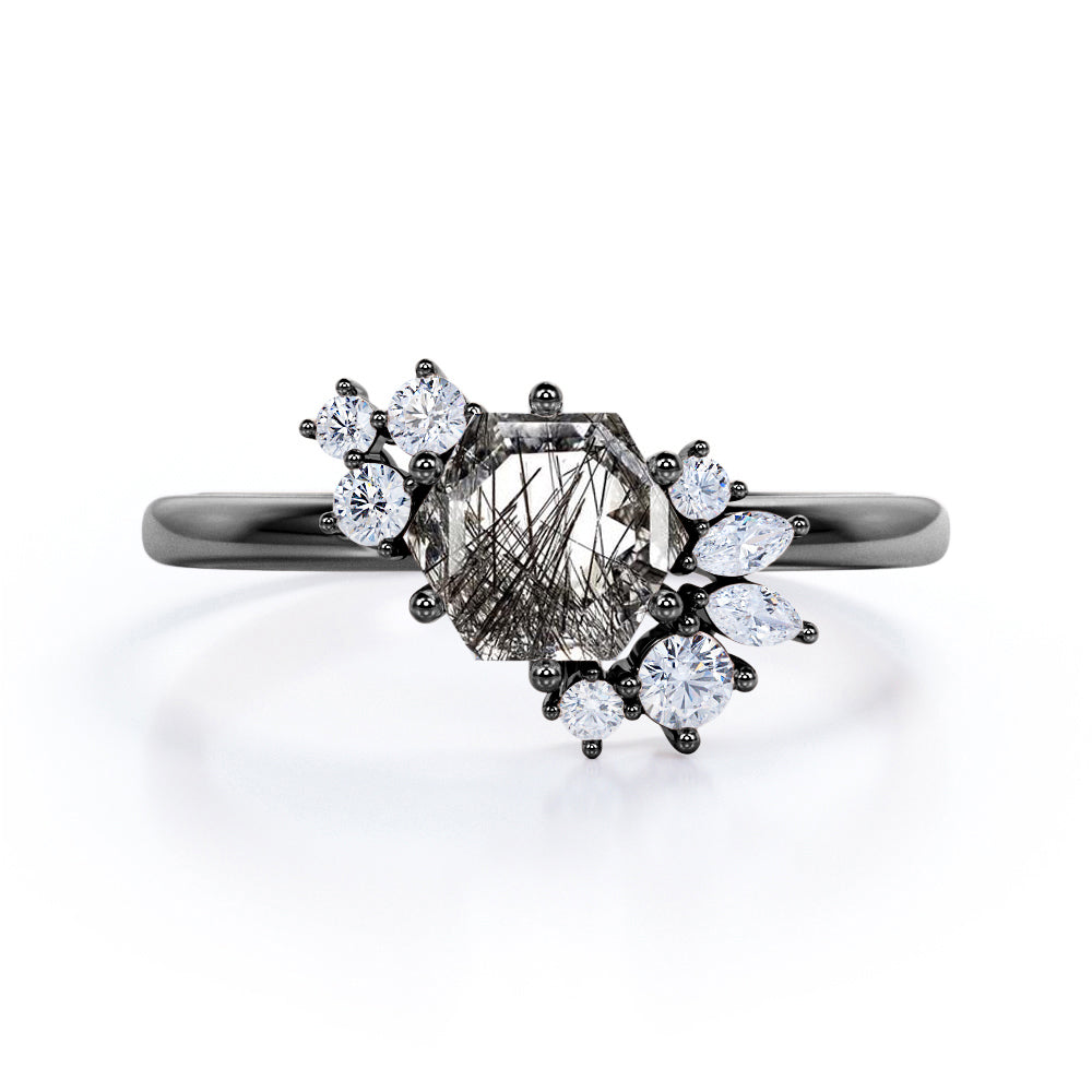 1.35 ct Hexagon Black Rutilated Quartz Six Prong Engagement Ring