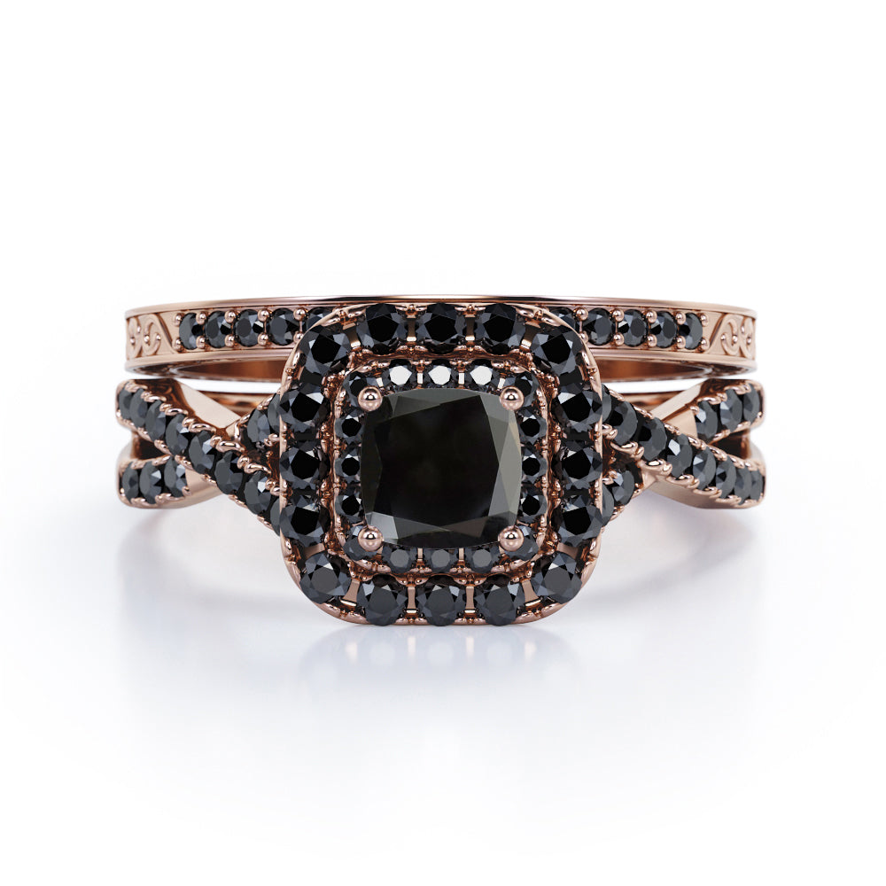 Filigree Twisted Pave 1.75 TCW Princess Cut Lab Created Black Diamond Rounded Square Double Halo Bridal Set in White Gold