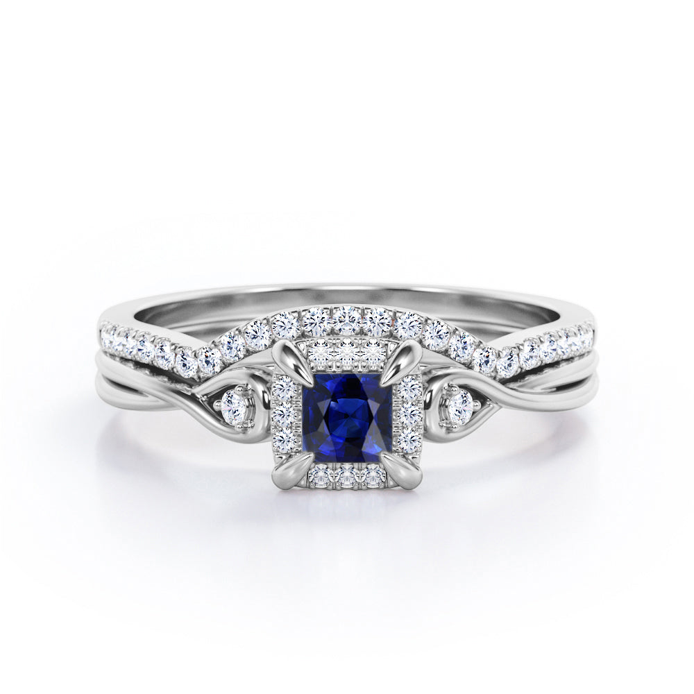 Halo 0.68 Ct Princess Cut Lab Sapphire Wedding Ring Set