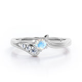 Curved Band - Six Prongs 0.5 carat Round Moonstone and Moissanite Artistic Engagement Ring in White Gold