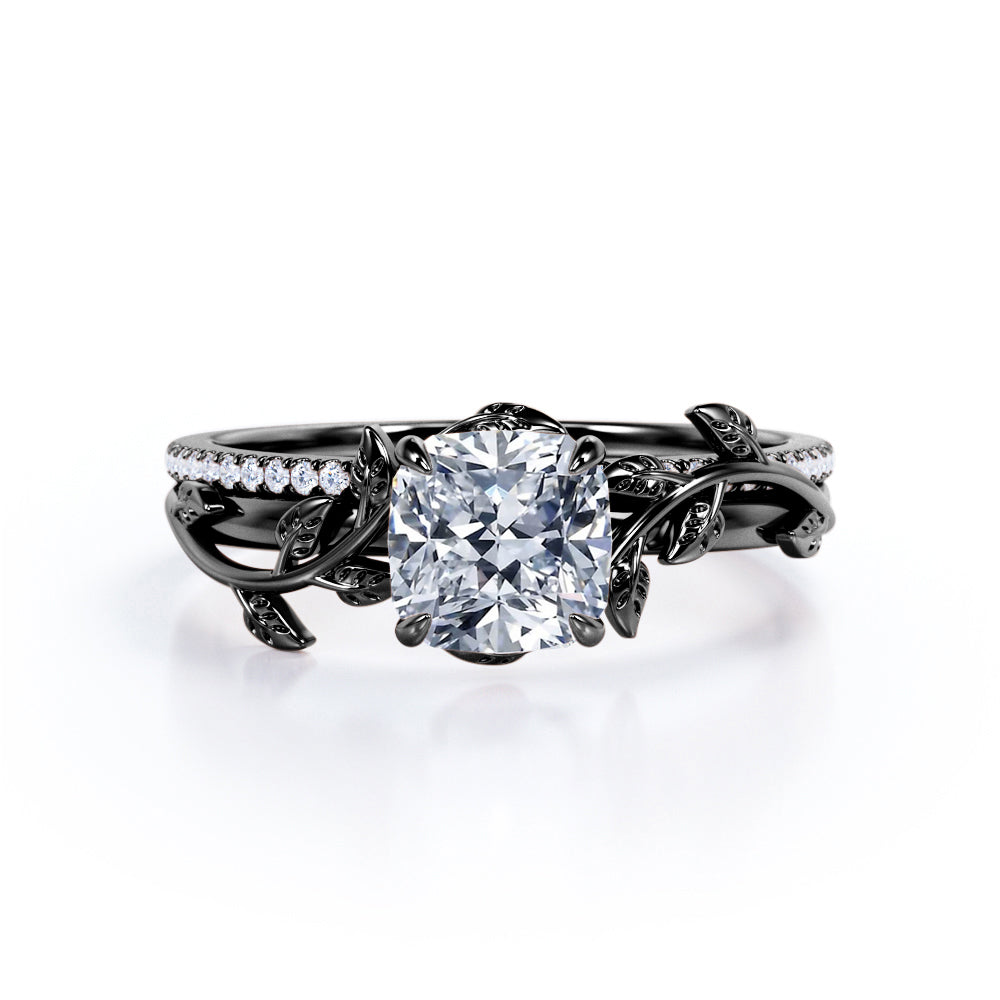 1.25 Carat Cushion Cut Moissanite And Diamond Nature Inspired Wedding Ring Set In White Gold