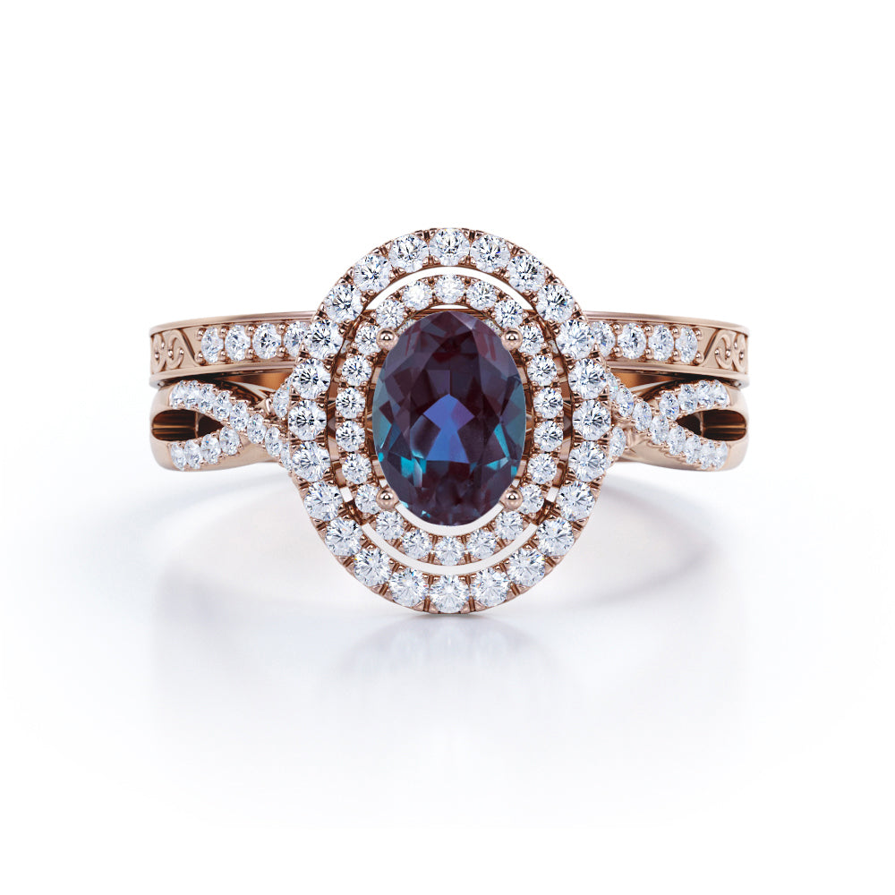 Double Halo 1.75 Carat Oval Cut Lab Created Alexandrite Infinity Wedding Ring Set In White Gold For Her