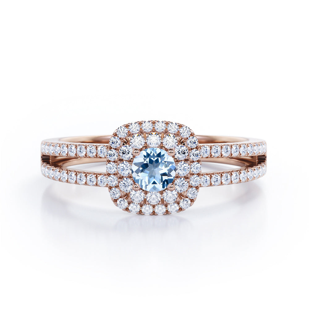 Double Halo 1.55 Carat Round Cut Aquamarine And Diamond Split Shank Engagement Ring In White Gold