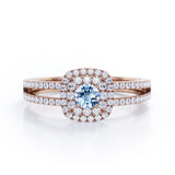 Double Halo 1.55 Carat Round Cut Aquamarine And Diamond Split Shank Engagement Ring In White Gold