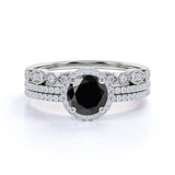 Affordable Antique Artdeco 2 Carat Round Lab Black Diamond Halo Wedding Trio Ring Set in White Gold