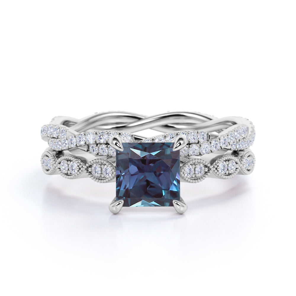 Infinity 1.75 Ct Princess Lab Alexandrite Bridal Set