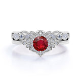 Vintage Floral Eternity 2.25 Carat Round Cut Lab Ruby and Diamond Halo Wedding Set with Art Deco Band in White Gold