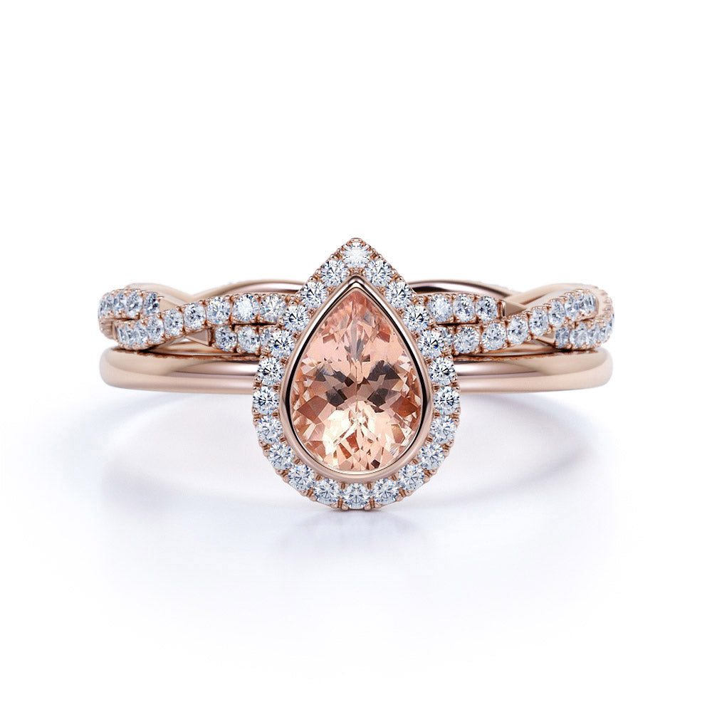 Classic Pave 1.75 Carat Pear Shape Morganite and Diamond Halo Bridal Set with Infinity Band in White Gold