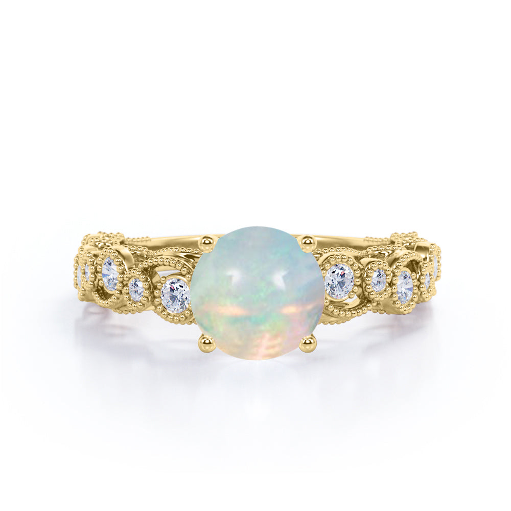 Huge Vintage 1.25 Carat Round Cut Ethiopian Welo Opal and Diamond Milgrain Art Deco Engagement Ring for Her