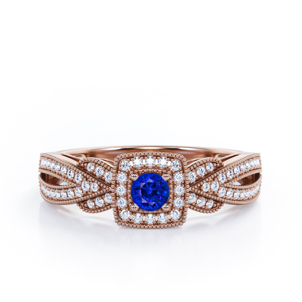 Extravaganza Milgrain Bordered - 1.45 Carat Round Brilliant Cut Blue Sapphire and diamond - Halo Pave Channel Engagement Ring in White Gold