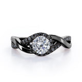 Tensioned Halo Set - 1.25 TCW Round Shaped Moissanite with Lab Created Black Diamond - Semi Pave Infinity Engagement Ring in White Gold
