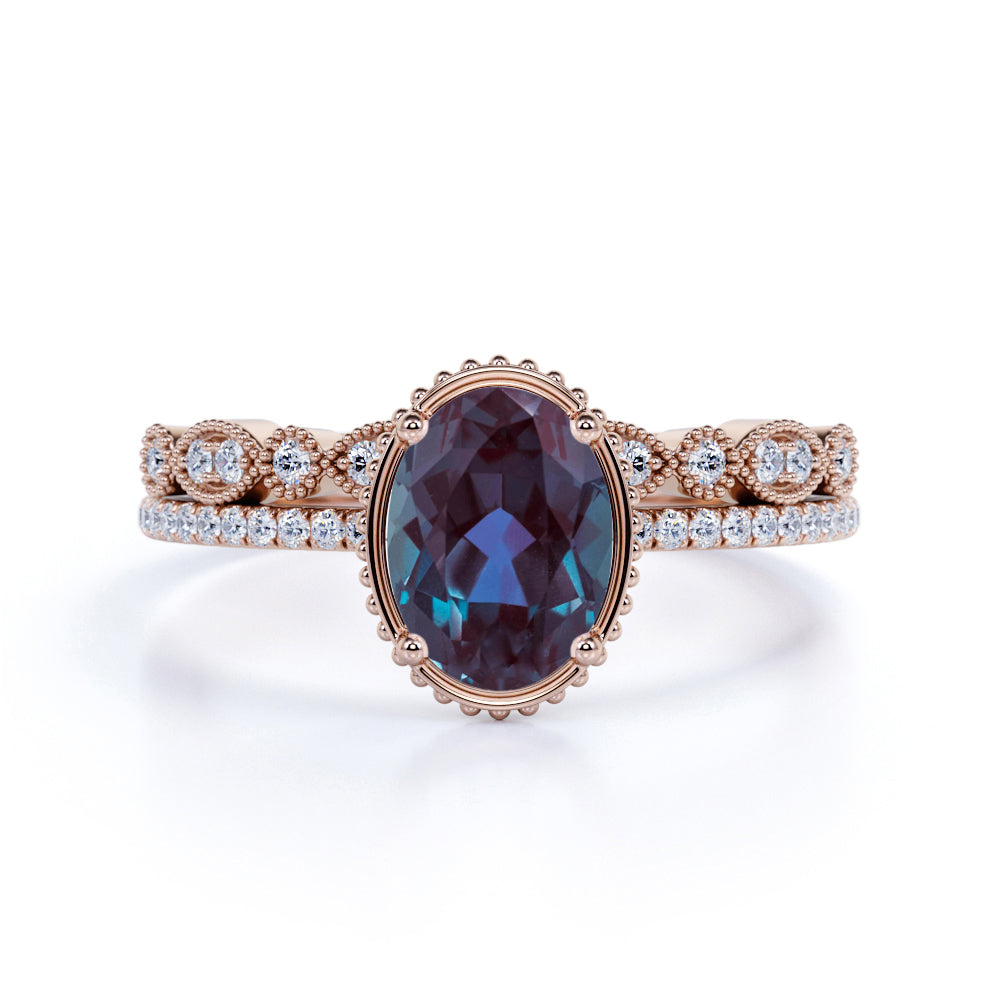 Classic Bezel Set 1.50 Carat Oval Cut Lab Created Alexandrite and Diamond Art Deco Bridal Set Rings