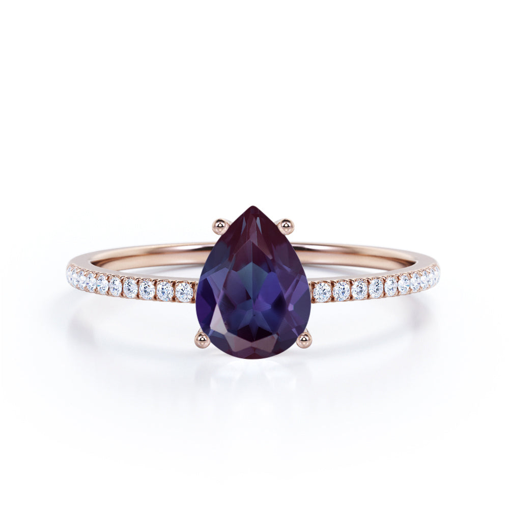 Basket Set 1.30 Carat Pear Cut Lab Created Alexandrite And Diamond Pave Engagement Ring In White Gold