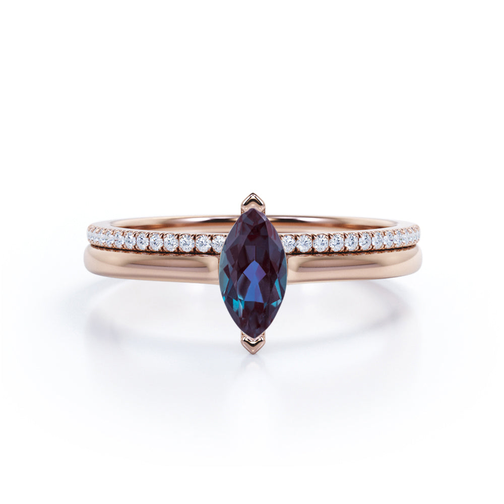 Unique 1.25 Carat Marquise Cut Lab Created Alexandrite And Diamond Pave Wedding Ring Set In White Gold