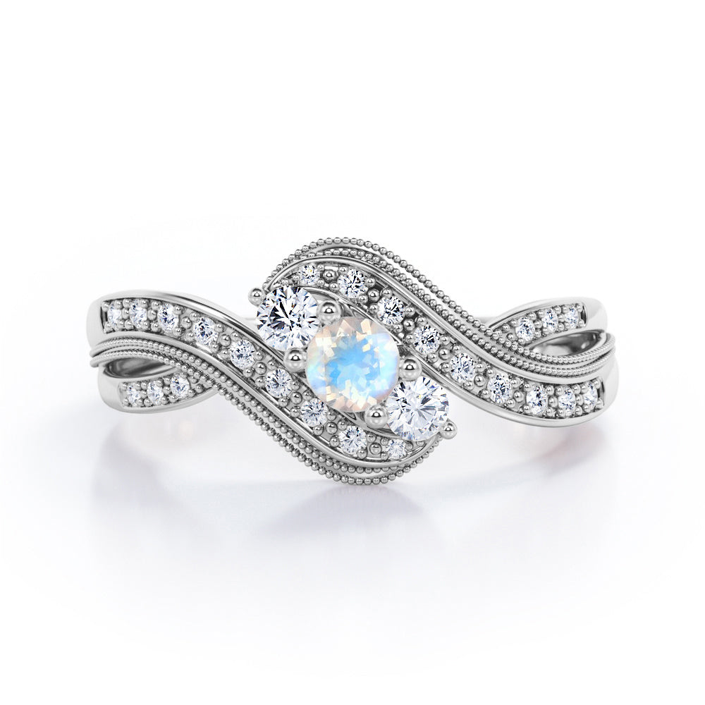 Double Milgrain Curve Infinity 0.7 carat Round Moonstone and Moissanites Engagement Ring in rose Gold