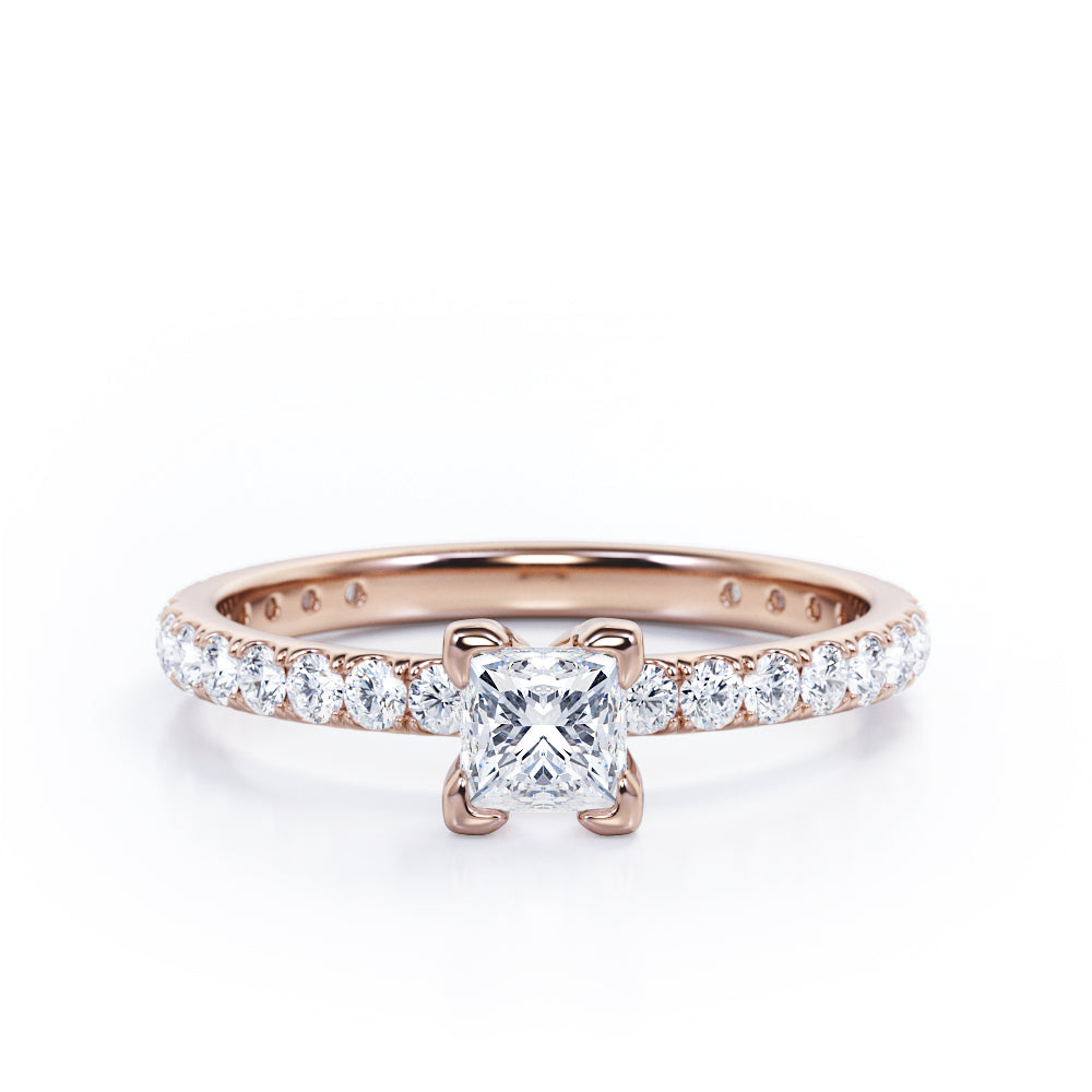 Classic Dainty 0.40 TCW Princess Cut Diamond V-Prong Pave Accented Engagement Ring in 10K White Gold