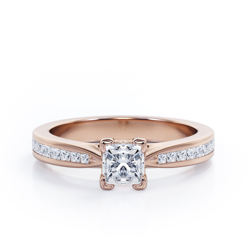 Chevron Prong - 0.40 TCW Princess Cut Diamond - Channel Set Engagement Ring - 10K White Gold