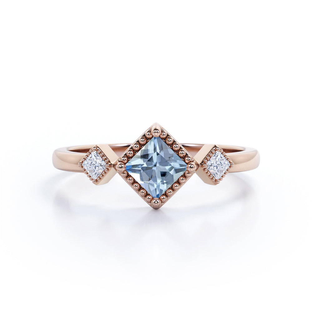 1.10 Carat Princess Cut Aquamarine And Diamond Classic Engagement Ring In White Gold