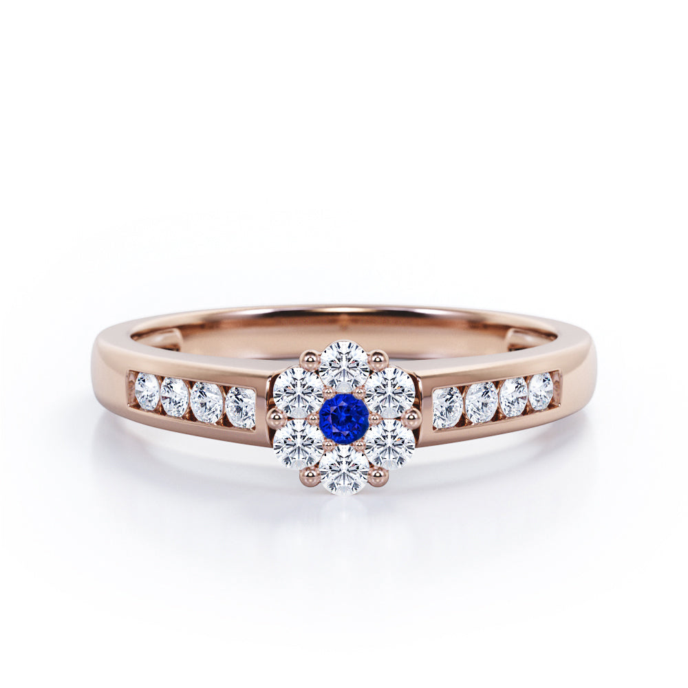 Clustered 1 carat Round Petite Blue Sapphire and Moissanites Channel Engagement Ring in White Gold