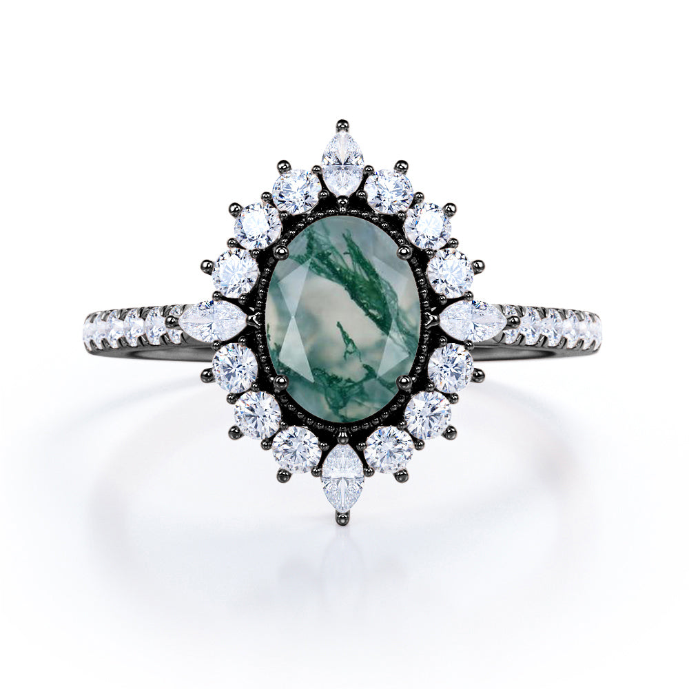 Milgrain Vintage Halo 0.8 carat Oval Moss Agate and Moissanite Anniversary Ring in White Gold