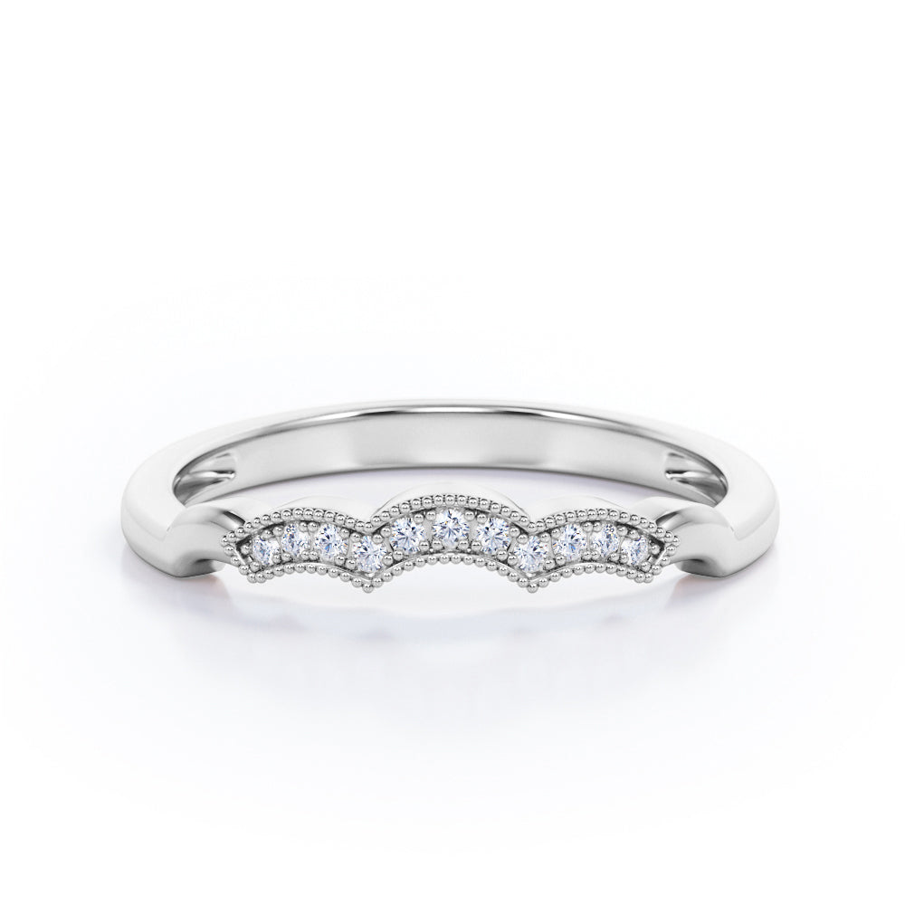 Cloud Curved 0.10 TCW Round Shaped Diamond Milgrain Pave-Channel Wedding Band in Rose Gold