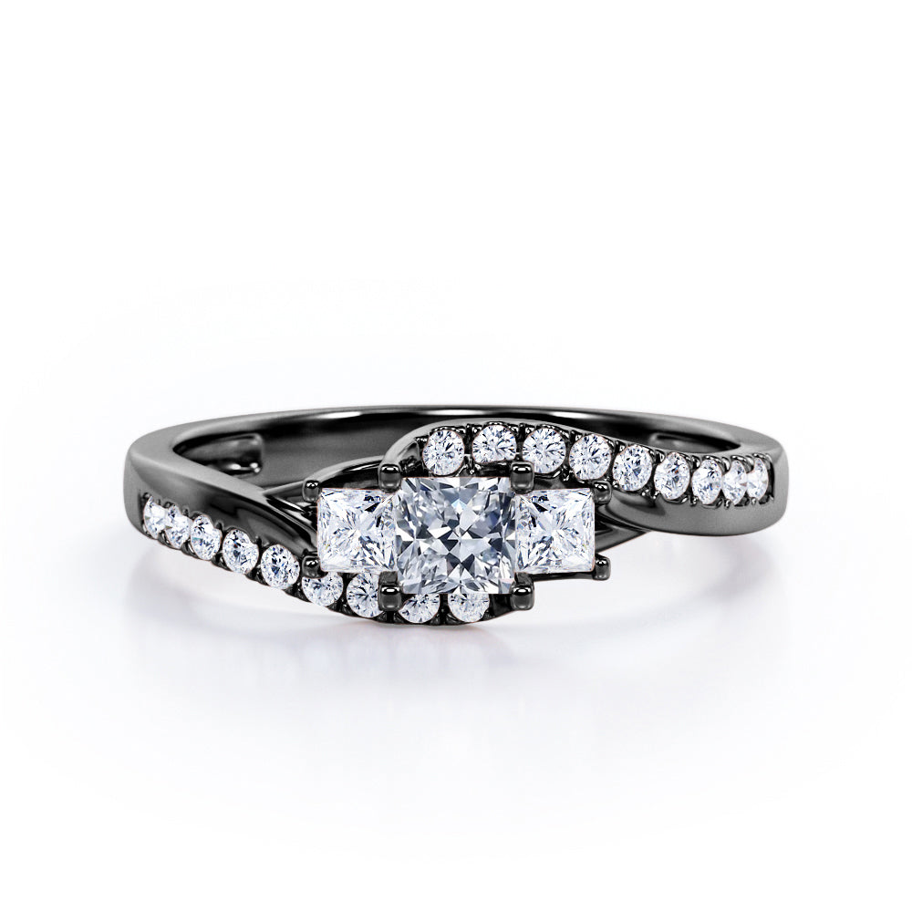 Flush Pave Shank - 0.5 TCW Princess Cut Diamond - Three Stone Tension Engagement Ring - 10K White Gold