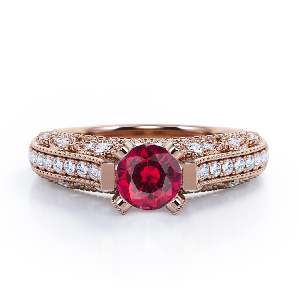 Beaded Four Prongs 1.40 Carat Round Cut  Lab Ruby And Diamond Vintage Art Deco Engagement Ring In White Gold