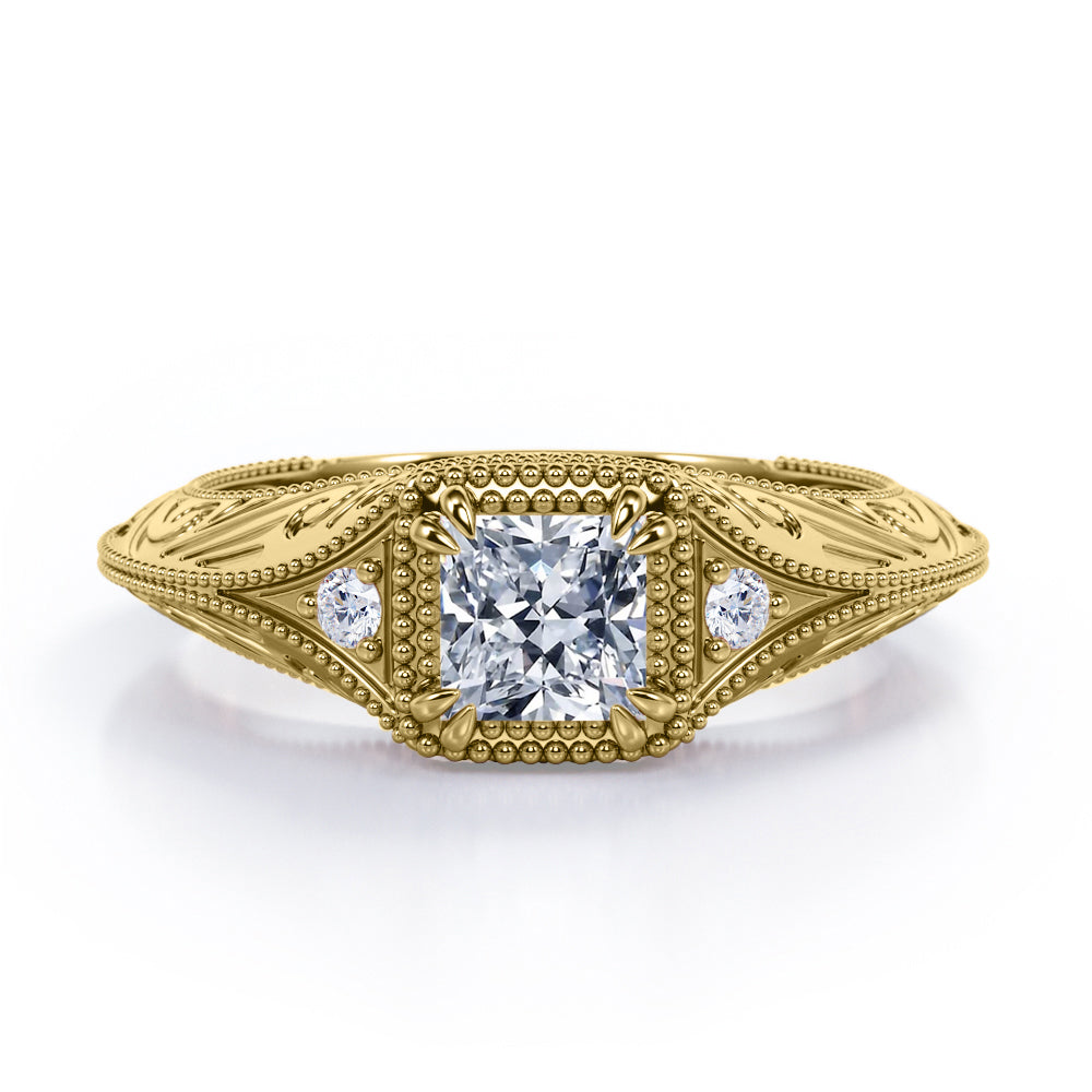 Vintage Milgrain 1.10 Carat Princess Cut Moissanite And Diamond Sharp Eight Claws Art Deco Engagement Ring In Rose Gold