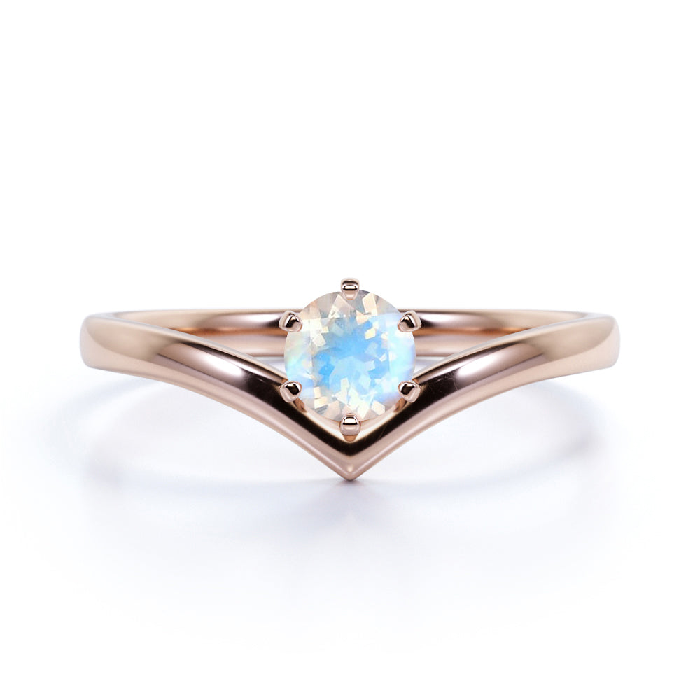 Contoured 1.25 Carat Round Blue Sheen Moonstone and Solitaire Tiara Engagement Ring in White Gold